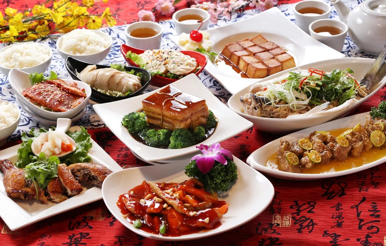 Photo wallpaper tea, meat, figure, vegetables, seafood, Japanese cuisine, meals, tofu