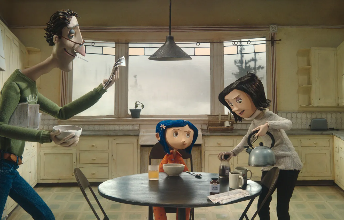 Photo wallpaper table, lamp, cartoon, kettle, window, tile, kitchen, girl