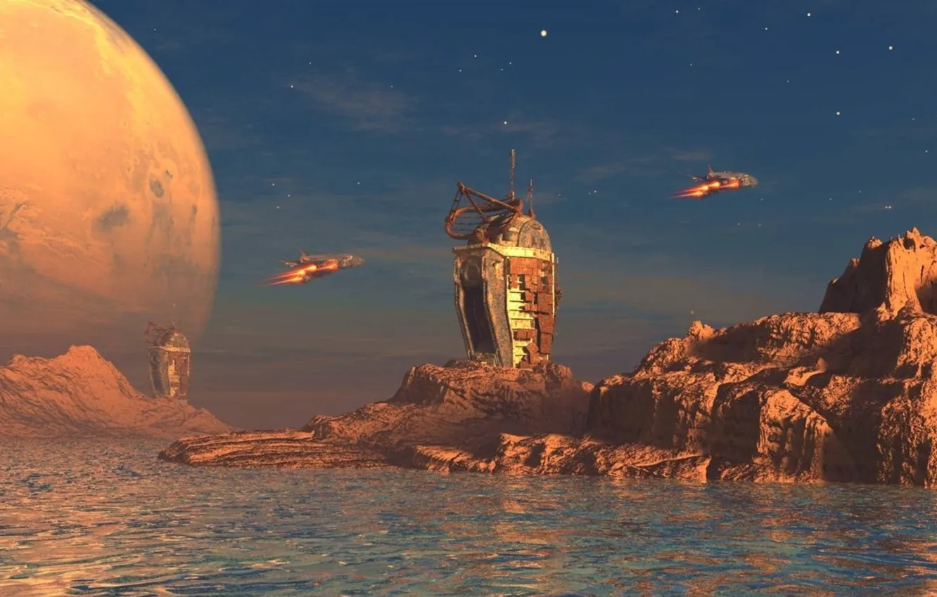 Photo wallpaper world, sky, water, clouds, rocks, planet, spaceships, derelict