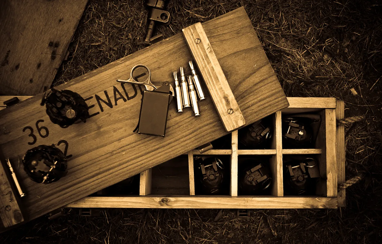 Photo wallpaper ring, wooden, box, cartridges, grenades, fuse
