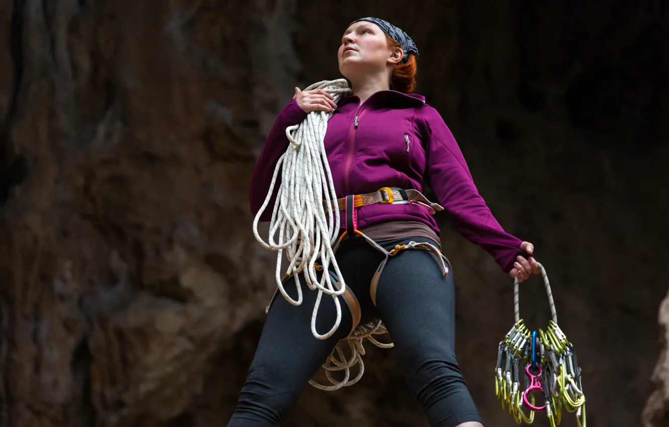Photo wallpaper woman, equipment, attitude, climbing ropes