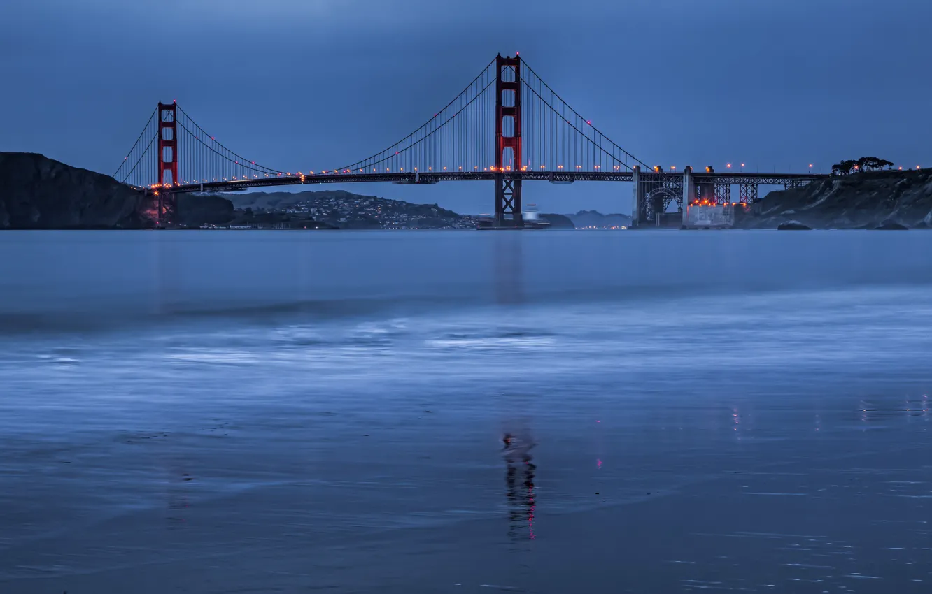 Photo wallpaper sea, bridge, lights, Strait, coast, the evening, Golden Gate Bridge, San Francisco