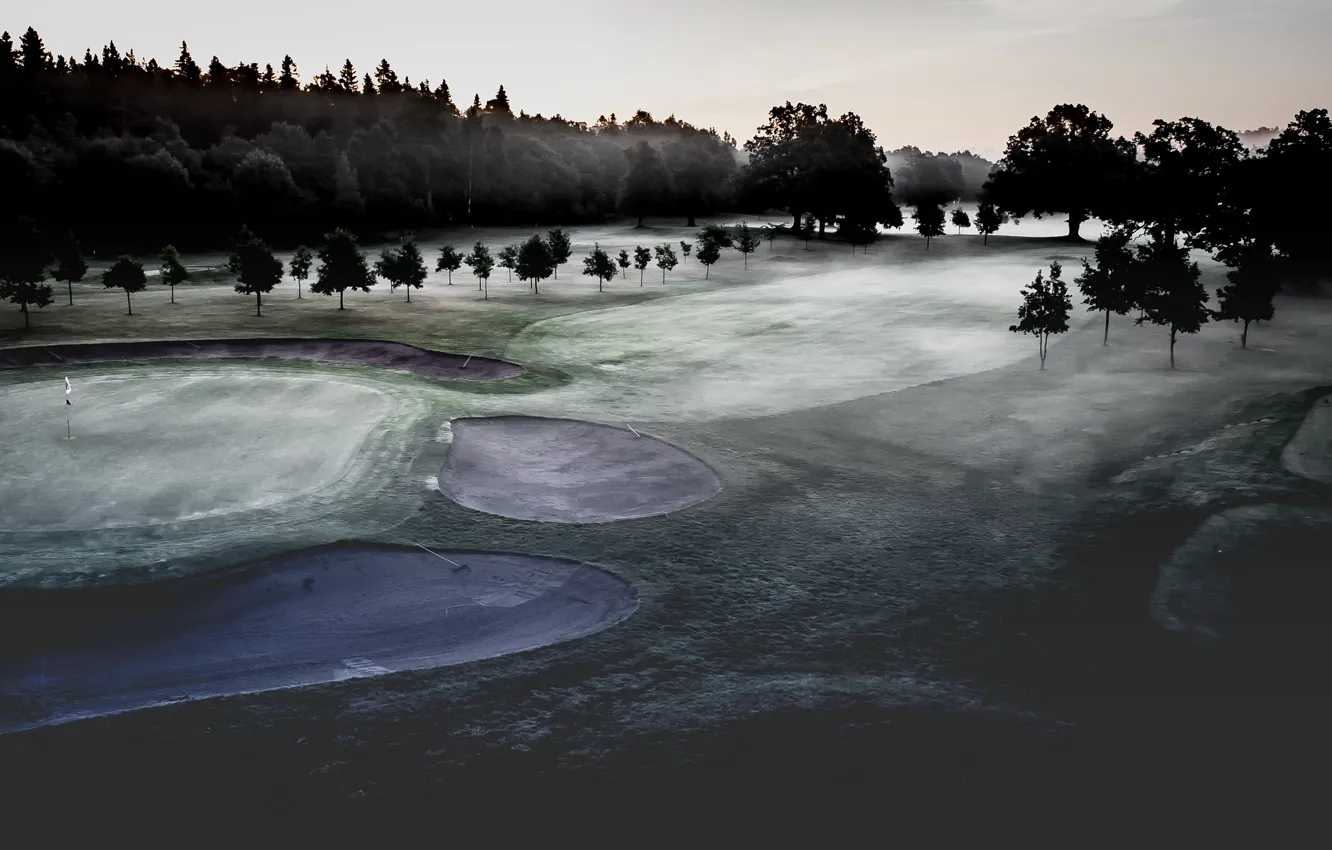 Photo wallpaper field, fog, morning, Golf