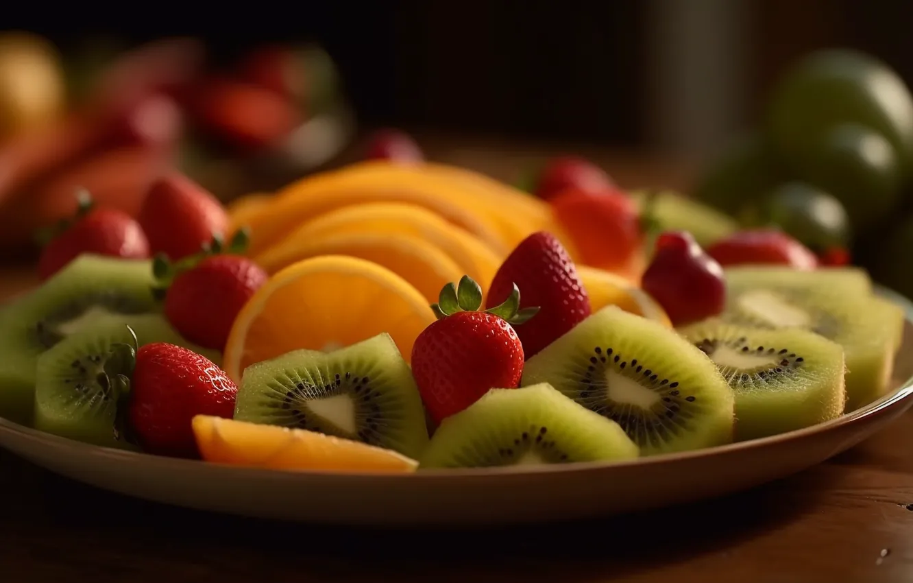 Photo wallpaper macro, light, berries, orange, food, kiwi, strawberry, plate