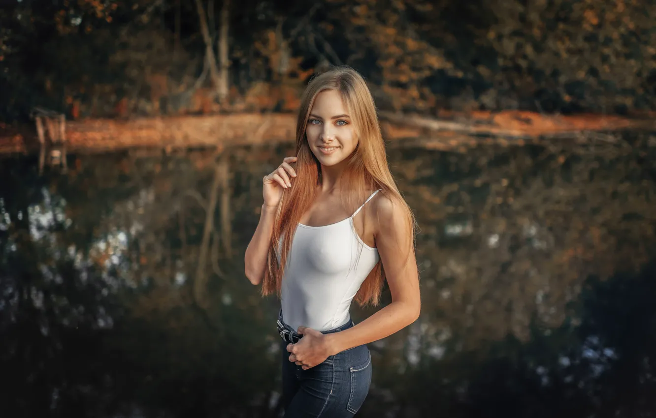 Photo wallpaper look, pose, pond, model, portrait, jeans, makeup, Mike