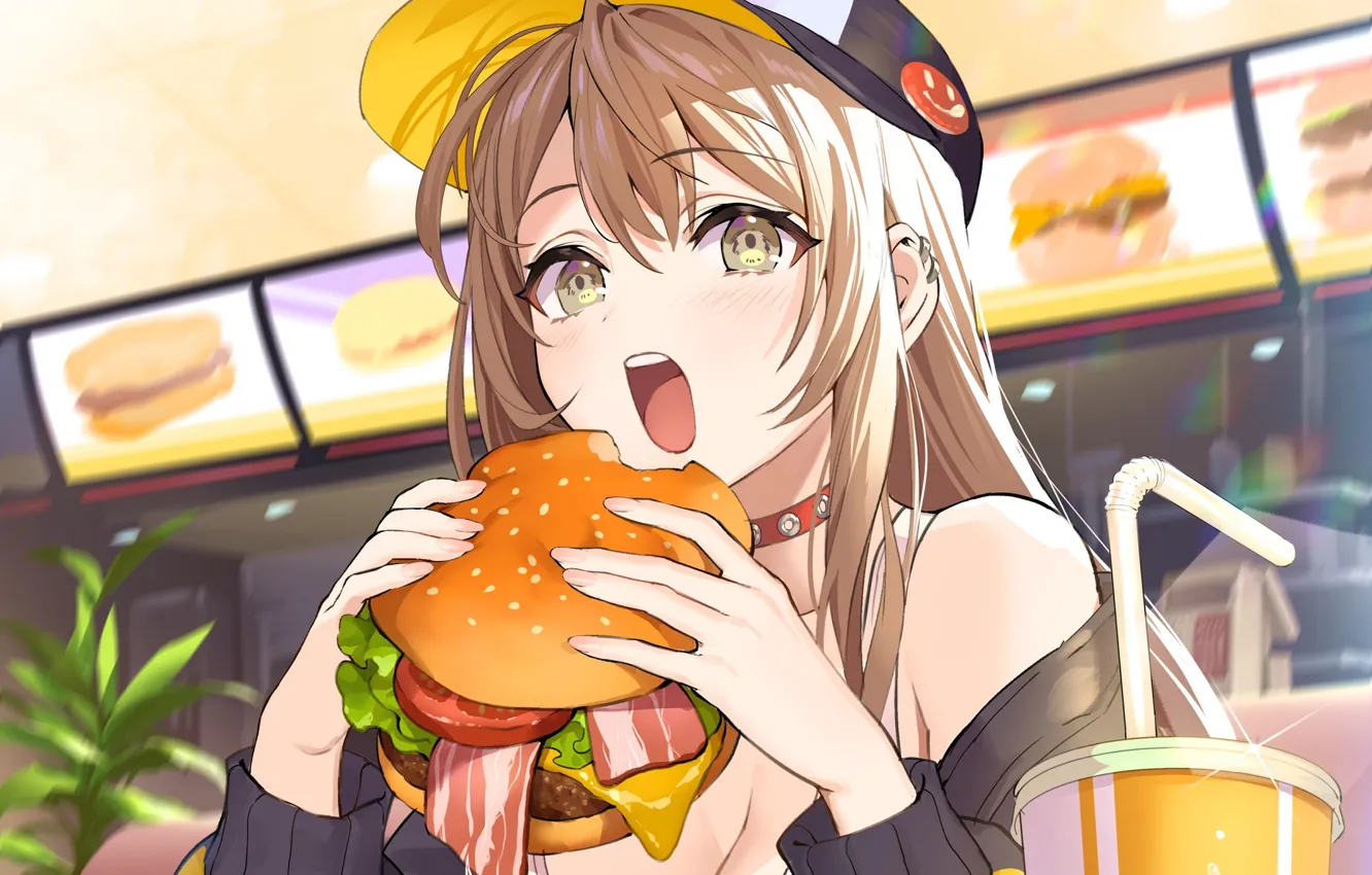 Photo wallpaper girl, cap, Burger