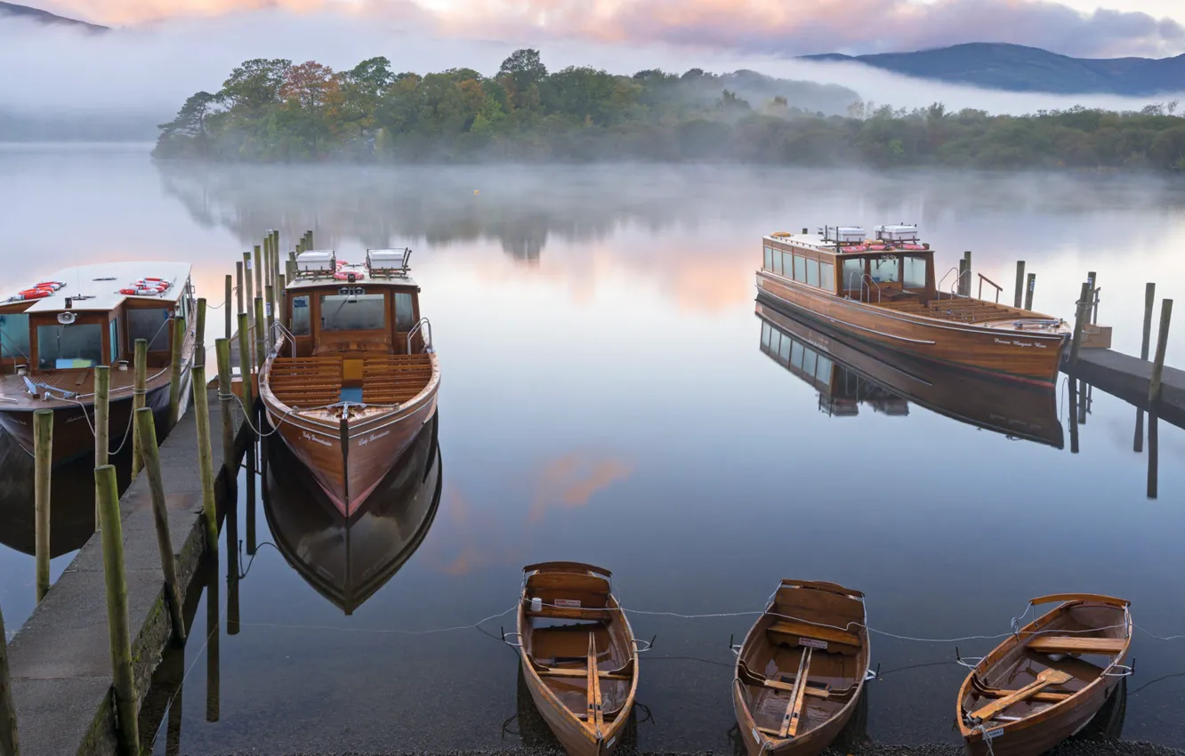 Photo wallpaper fog, boat, England, pier, Cumbria, Lake District National Park