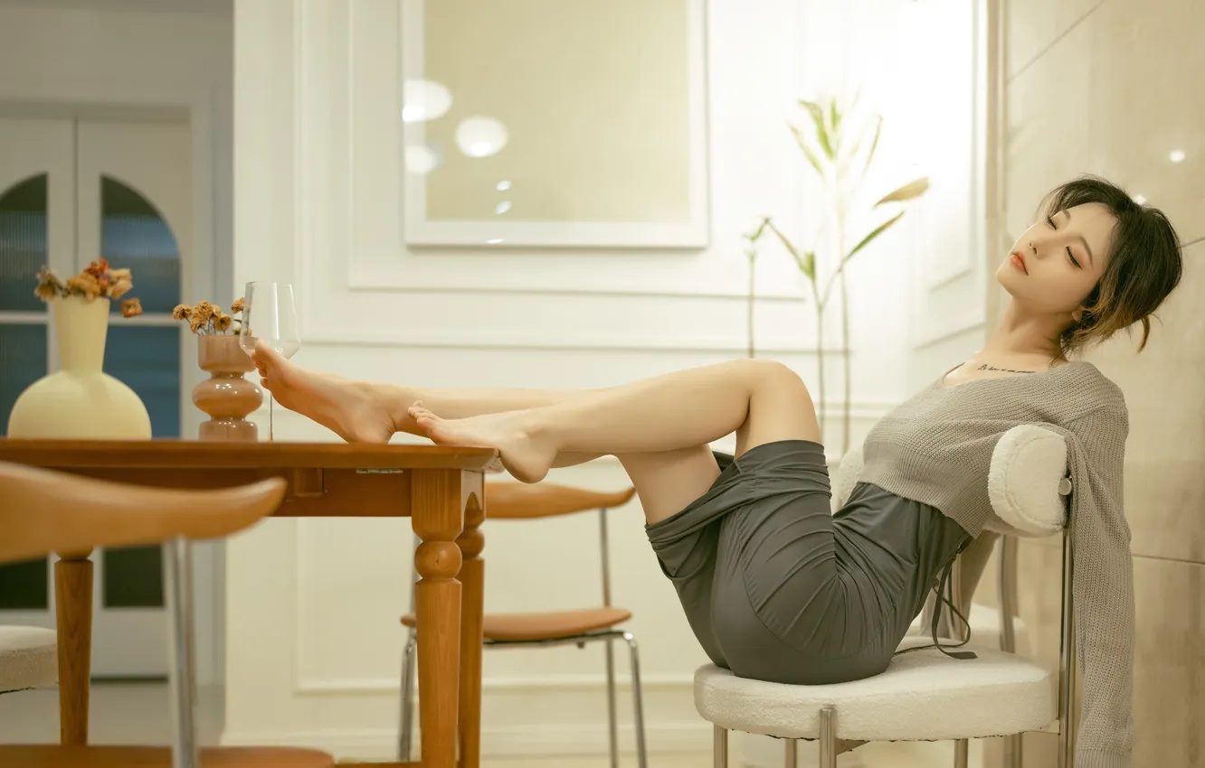 Photo wallpaper pose, model, skirt, portrait, interior, makeup, figure, brunette