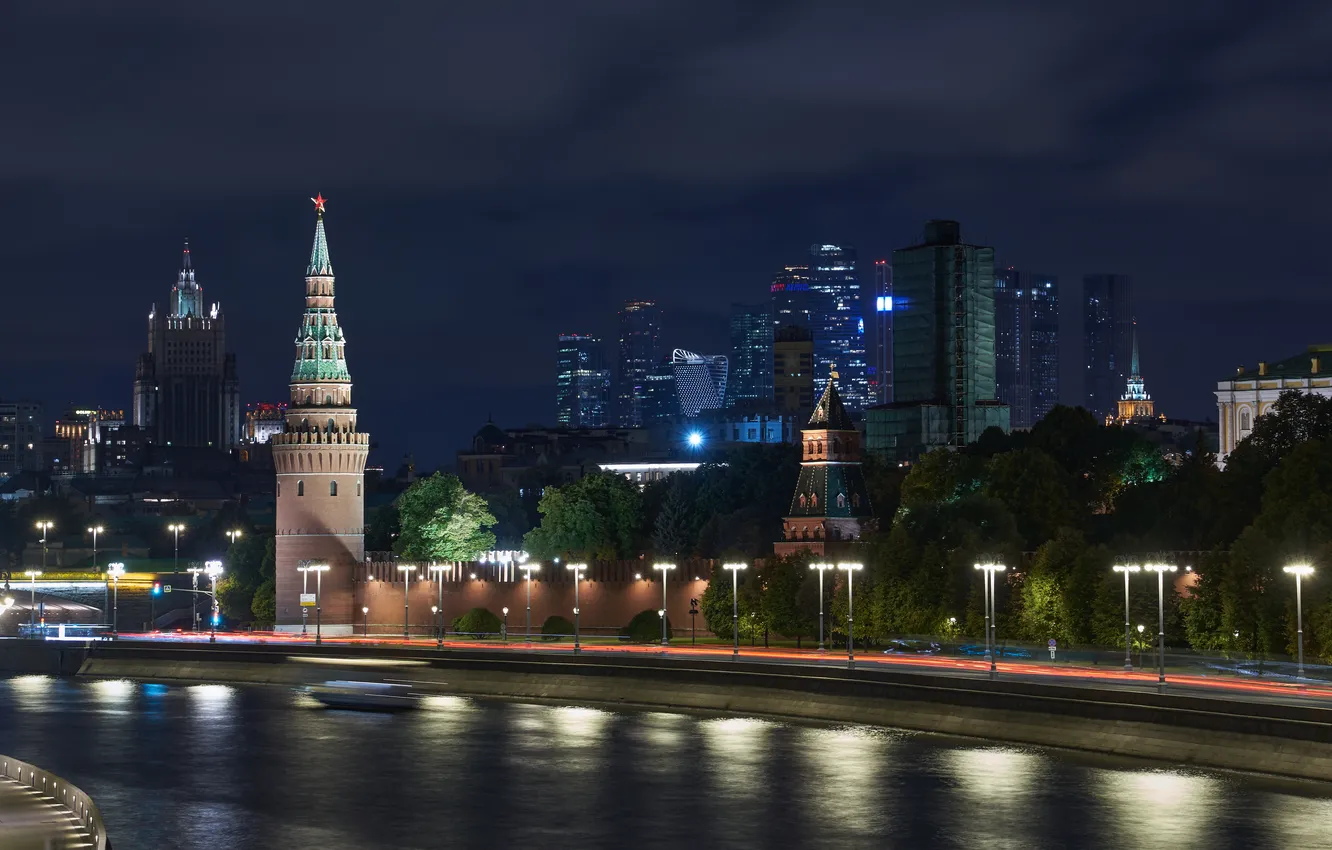 Photo wallpaper city, lights, Russia, river, sky, photography, water, night