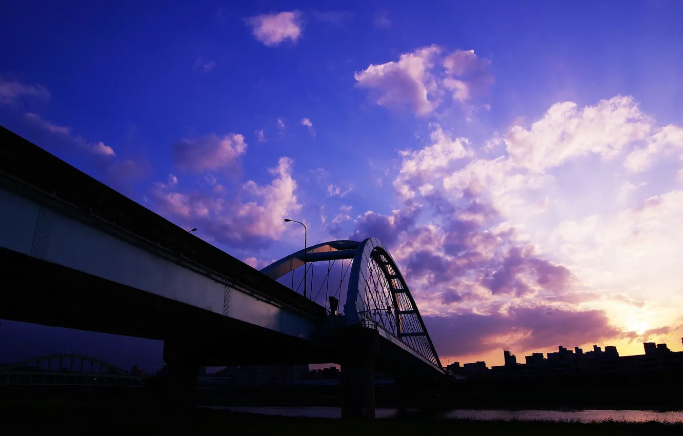 Photo wallpaper clouds, sunset, bridge, home