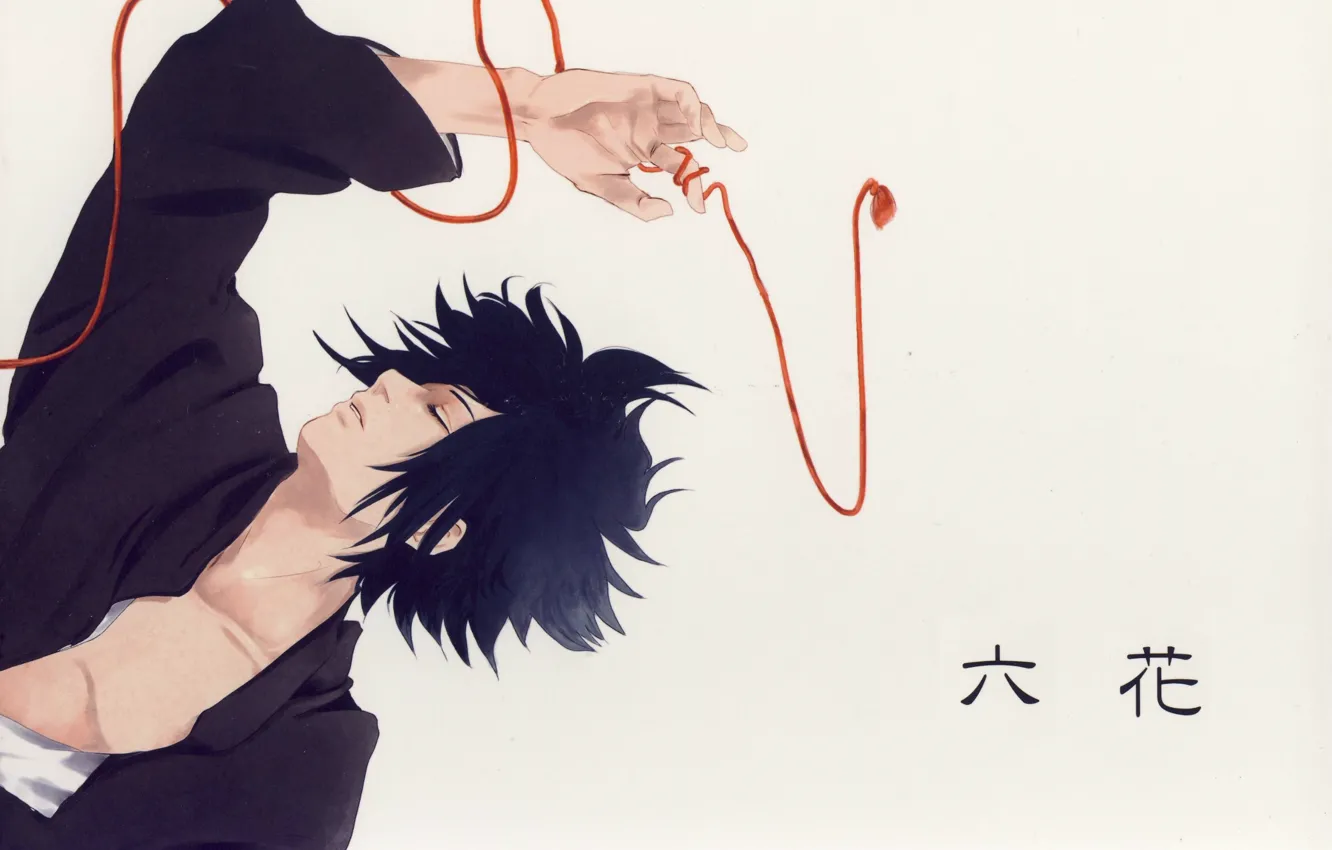 Photo wallpaper hands, grey background, Naruto, red thread, ninja, closed eyes, Sasuke Uchiha, lying on her back