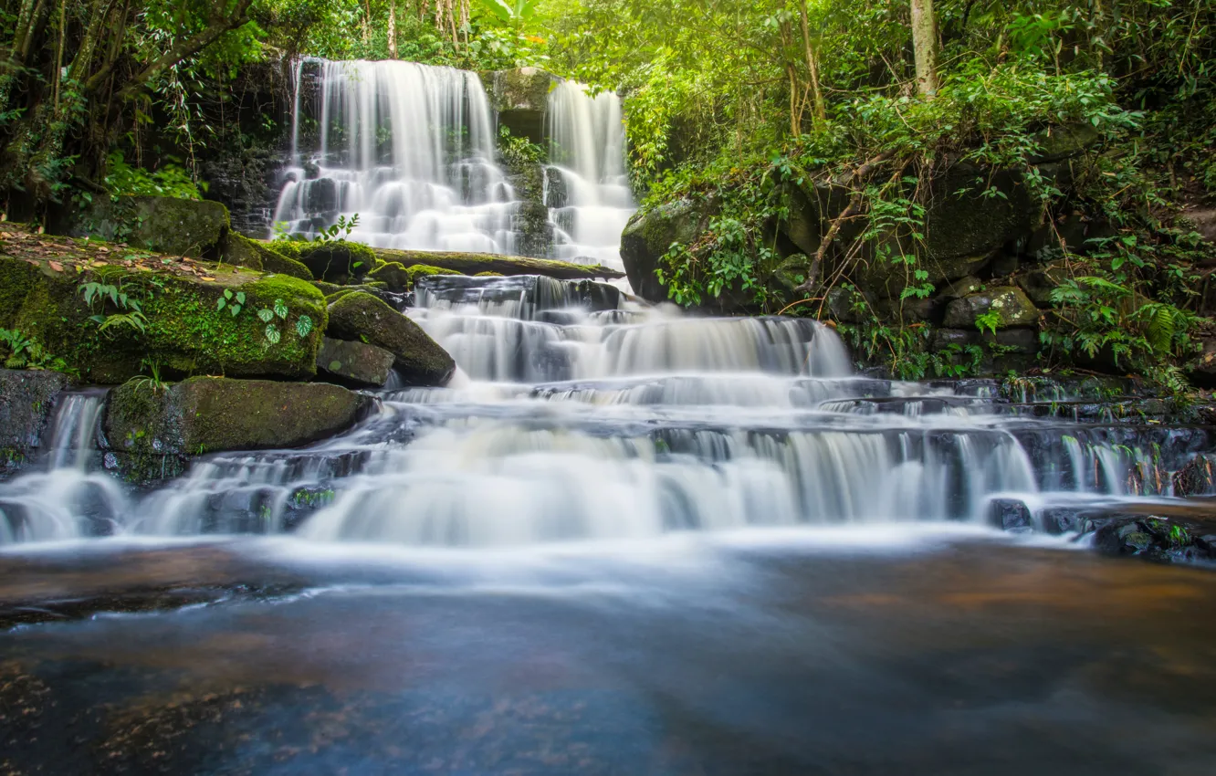 Photo wallpaper landscape, nature, rocks, shore, vegetation, waterfall