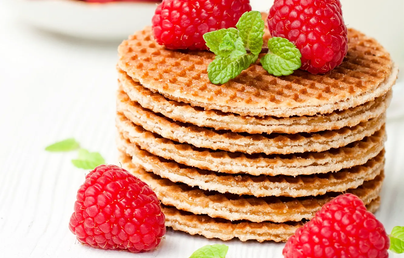 Photo wallpaper berries, raspberry, mint, waffles, cakes, sweet, raspberry, foliage
