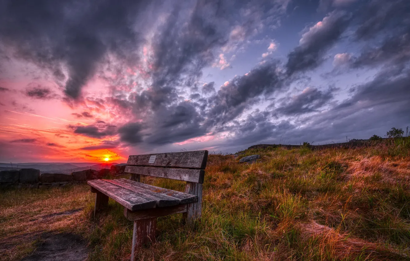 Photo wallpaper sunset, nature, bench