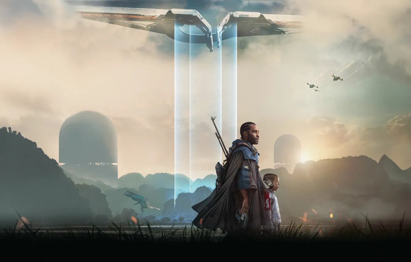 Photo wallpaper mountains, robot, home, boy, spaceship, sci-Fi, drama, Creator