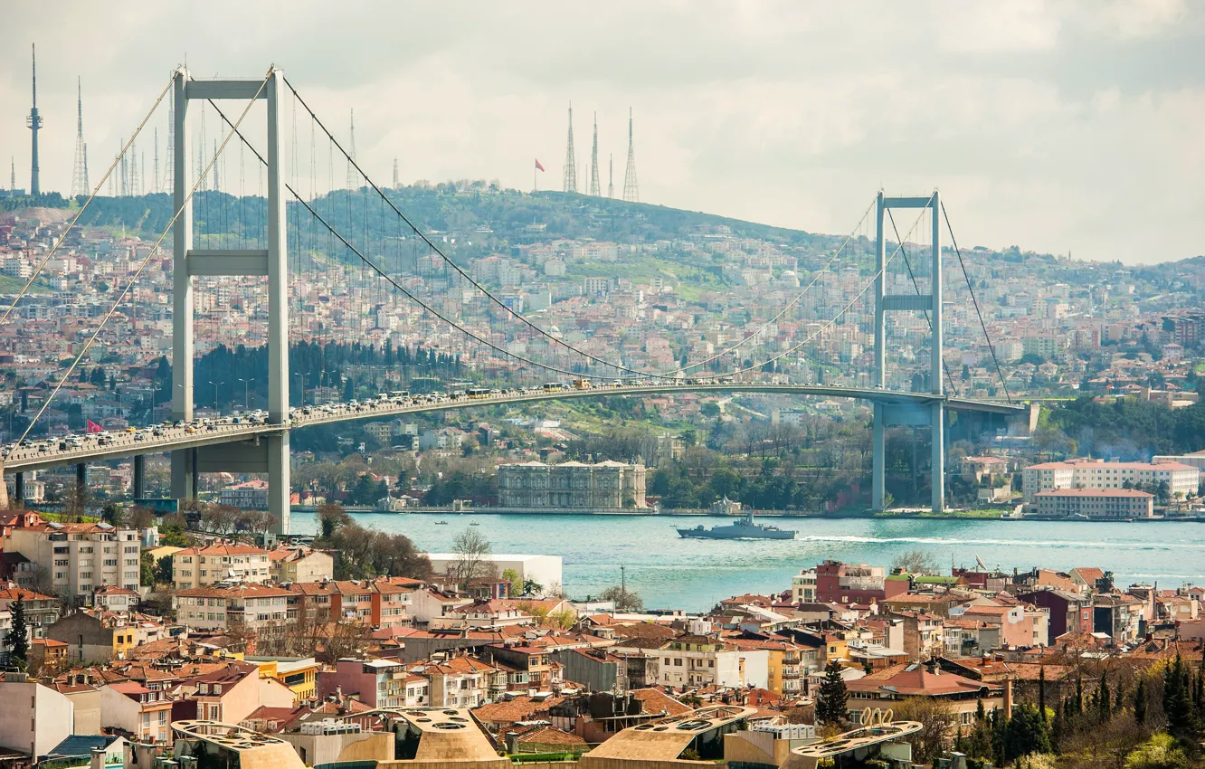Photo wallpaper bridge, river, movement, transport, ship, home, boats, Istanbul
