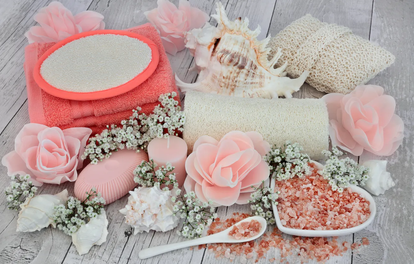 Photo wallpaper flowers, soap, shell, flowers, bath, still life, candle, spa