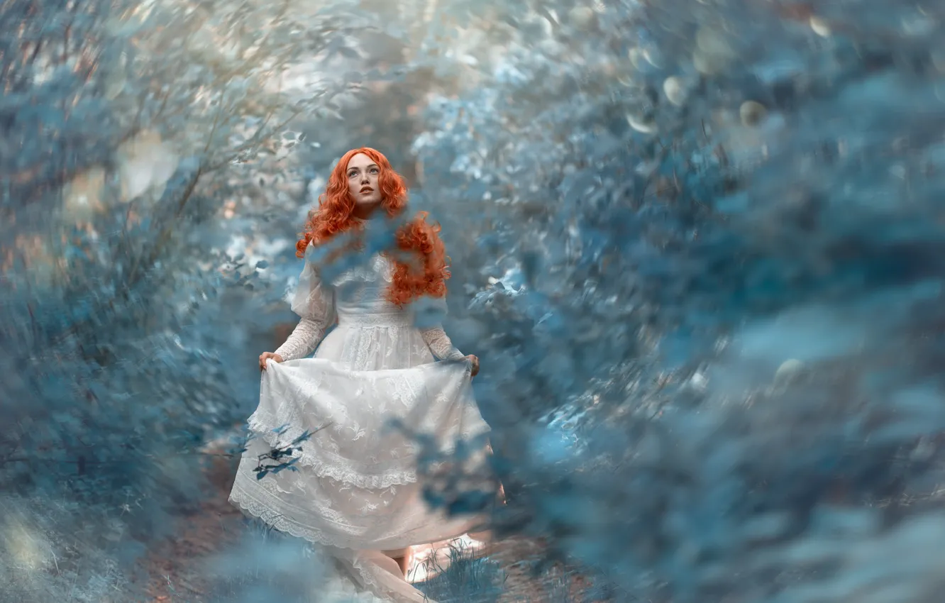 Photo wallpaper girl, mood, blur, red, white dress, redhead, long hair, Tanya Markova