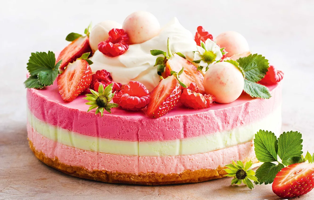 Photo wallpaper berries, raspberry, strawberry, cake, cheesecake, meringue
