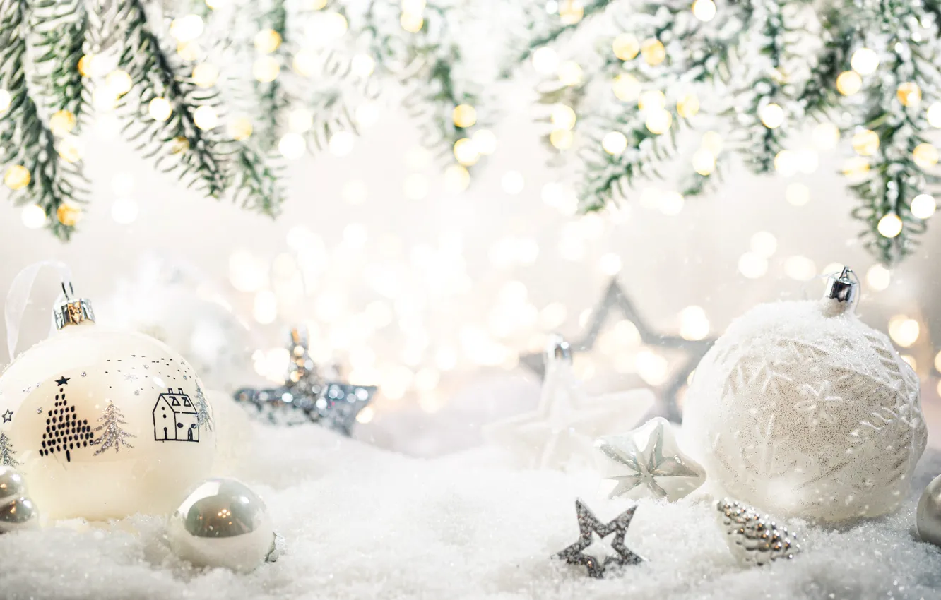 Photo wallpaper winter, balls, light, snow, branches, glare, holiday, balls