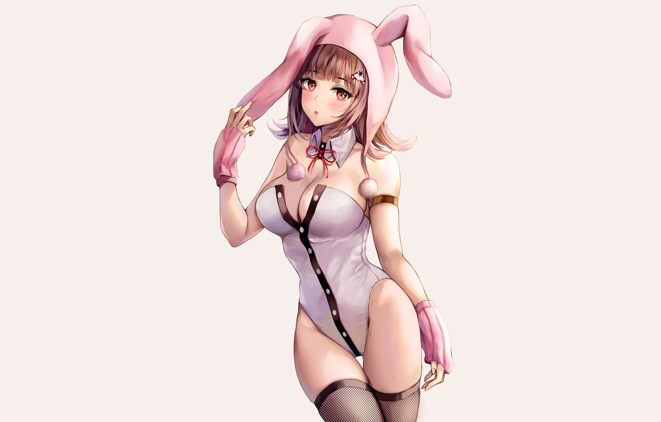 Photo wallpaper girl, sexy, cleavage, thighhighs, long hair, brown hair, boobs, anime