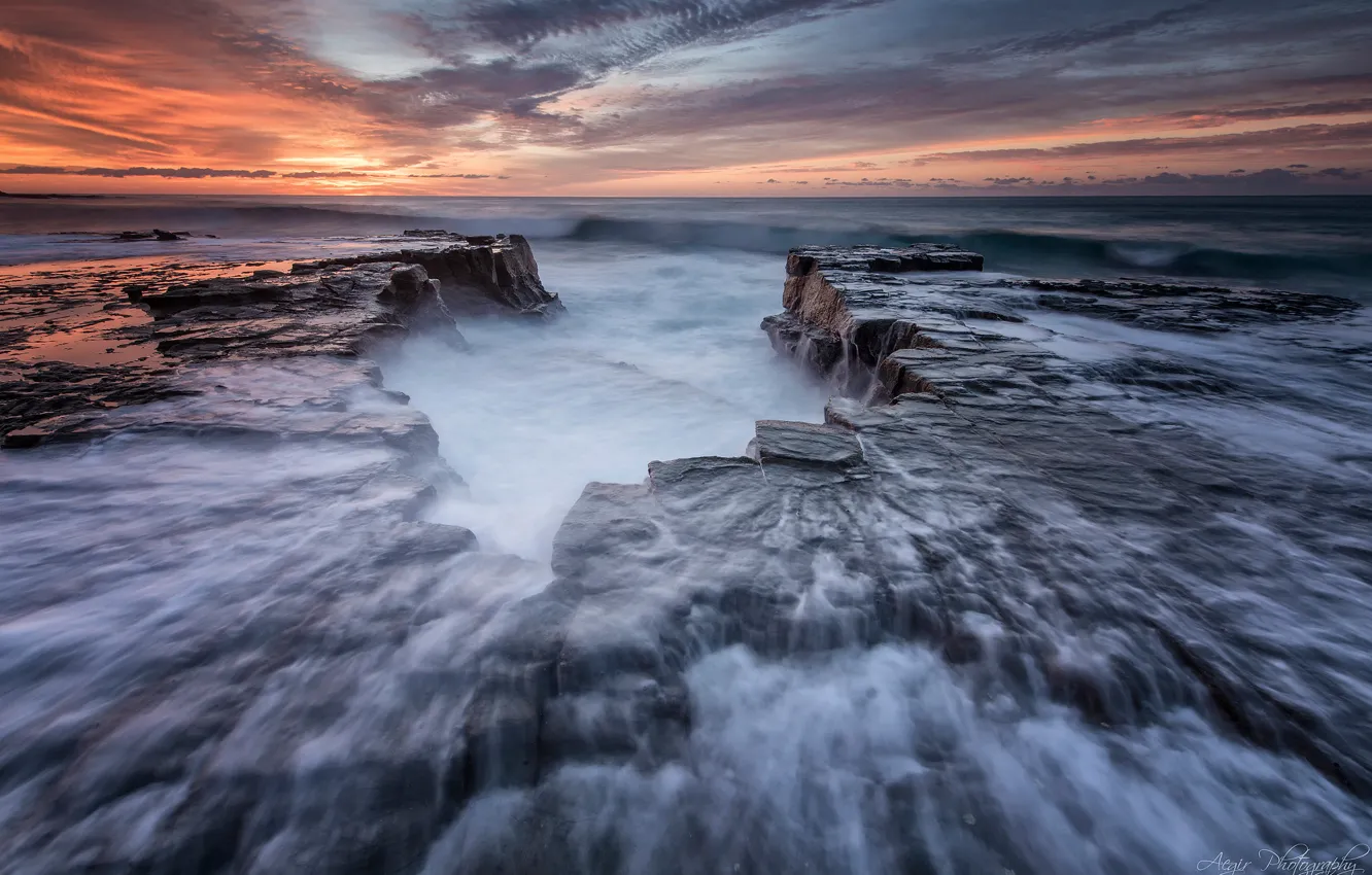 Photo wallpaper beach, water, stones, rocks, shore, morning, excerpt, Australia
