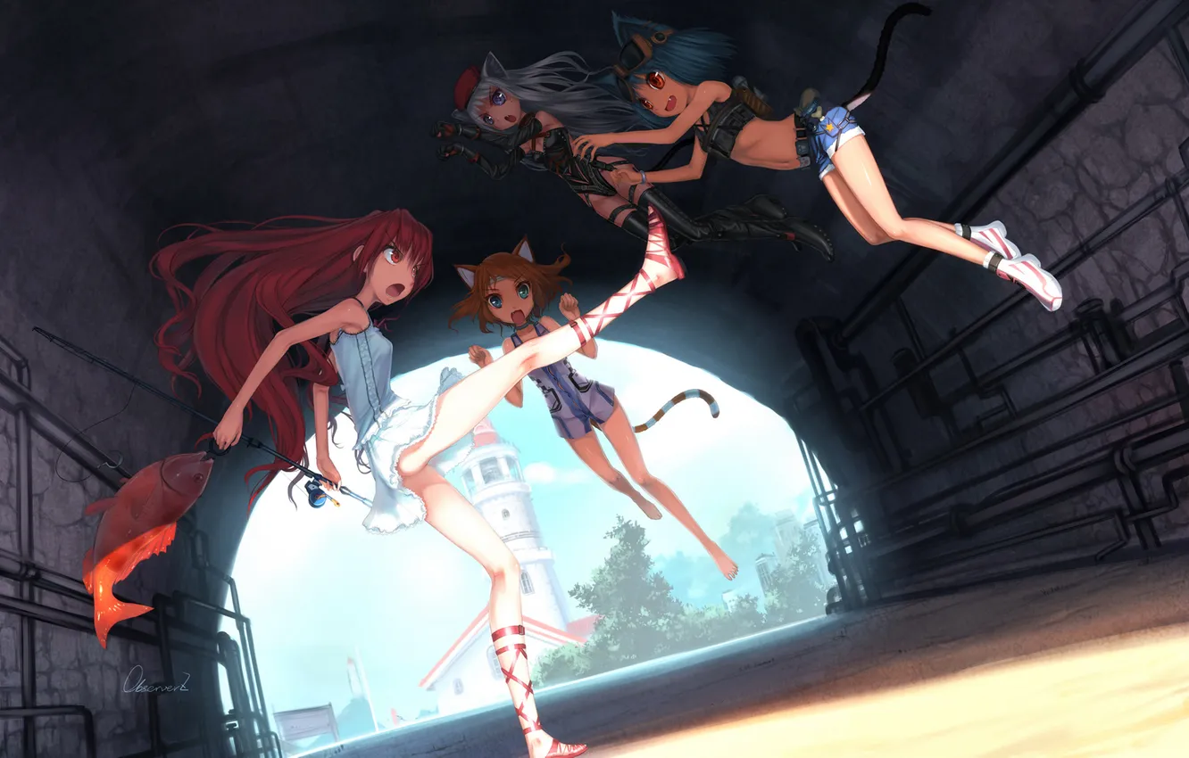 Photo wallpaper jump, fish, fight, girl, tail, ears, rod