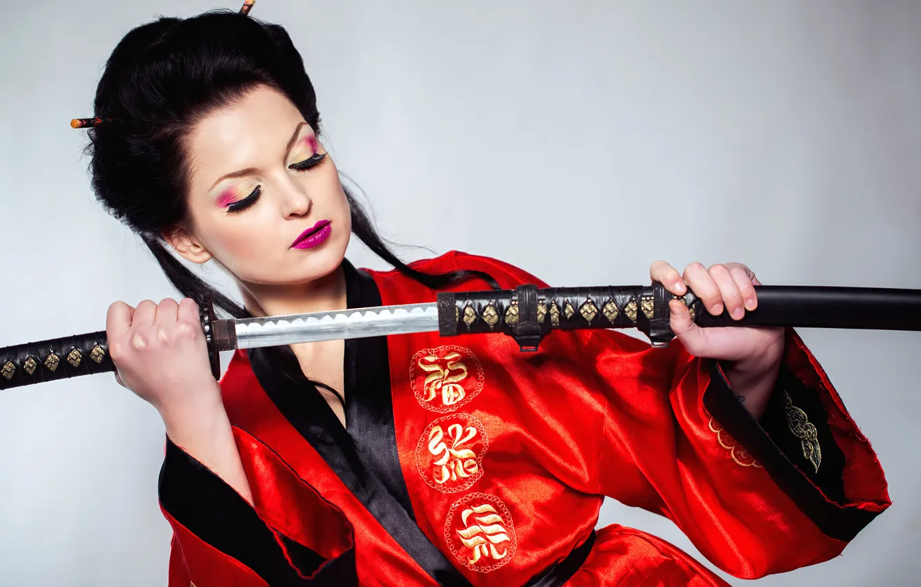 Photo wallpaper girl, background, steel, sword, katana