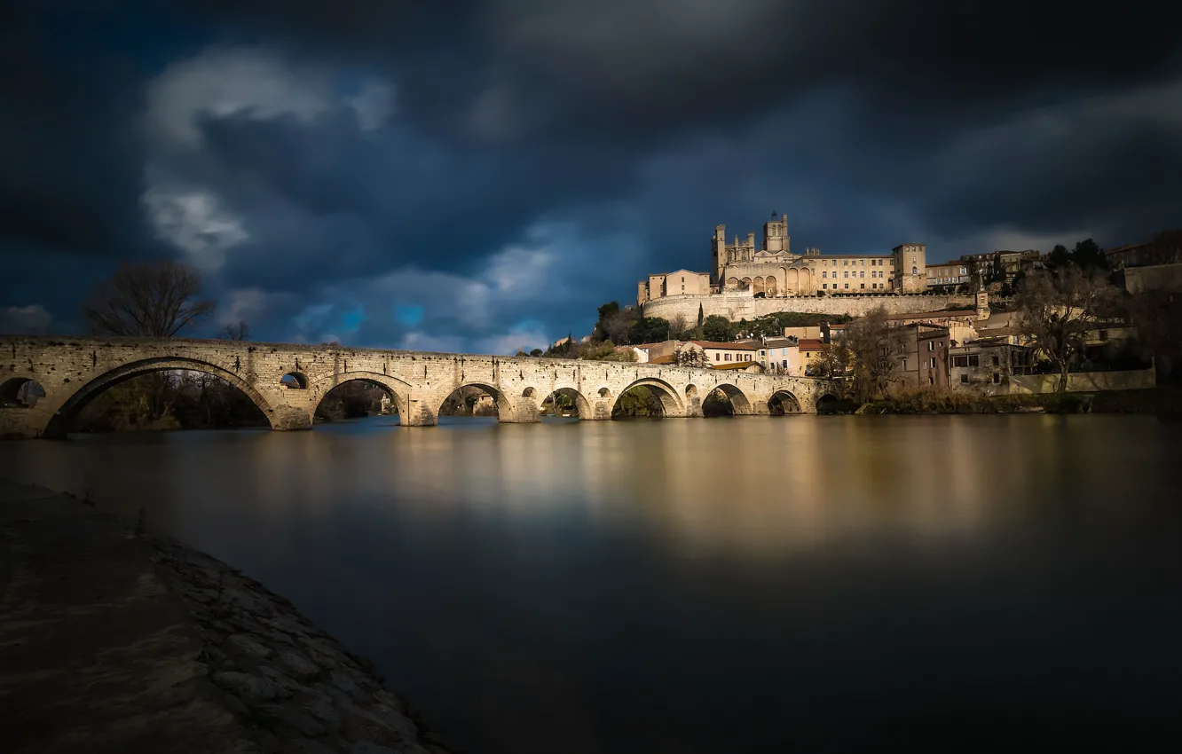 Photo wallpaper bridge, river, France, home, Languedoc-Roussillon, Beziers, Orb