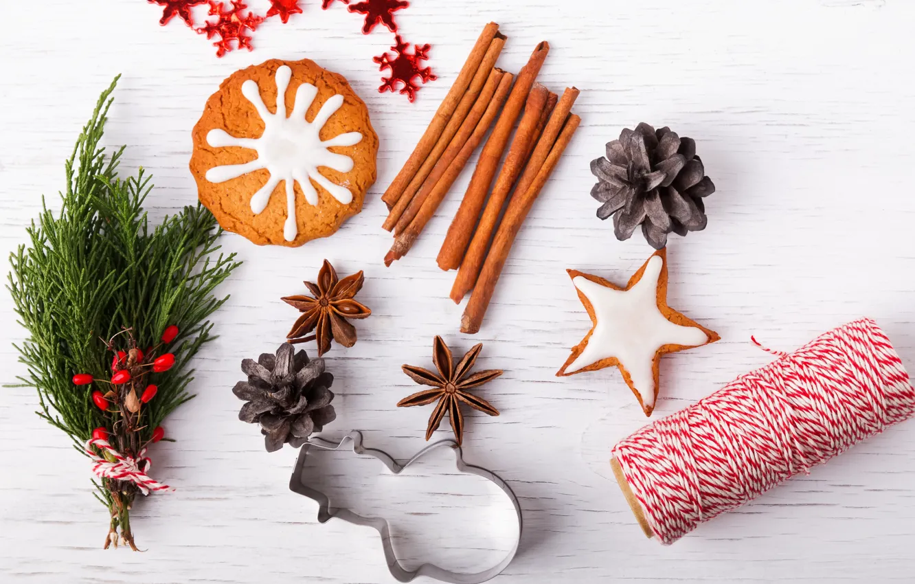 Photo wallpaper new year, cookies, Christmas, cinnamon, Christmas, New Year, spices, decoration