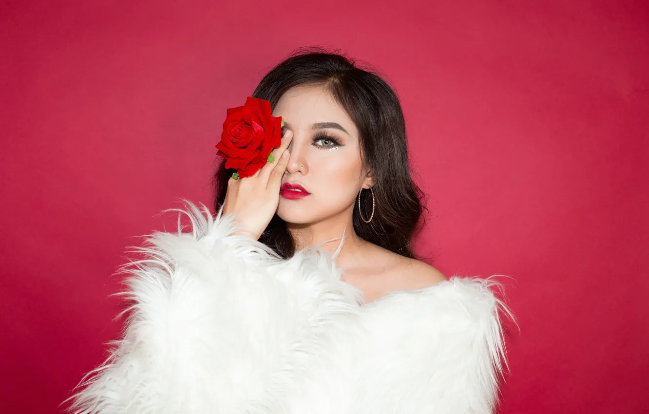 Photo wallpaper flower, look, girl, face, style, background, rose, hand