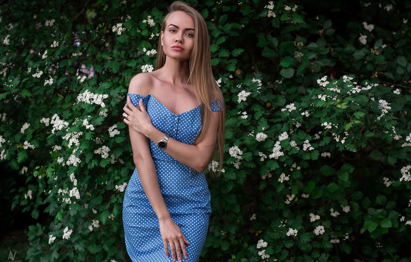 Photo wallpaper look, leaves, girl, dress, blonde, Andrey Vechkenzin