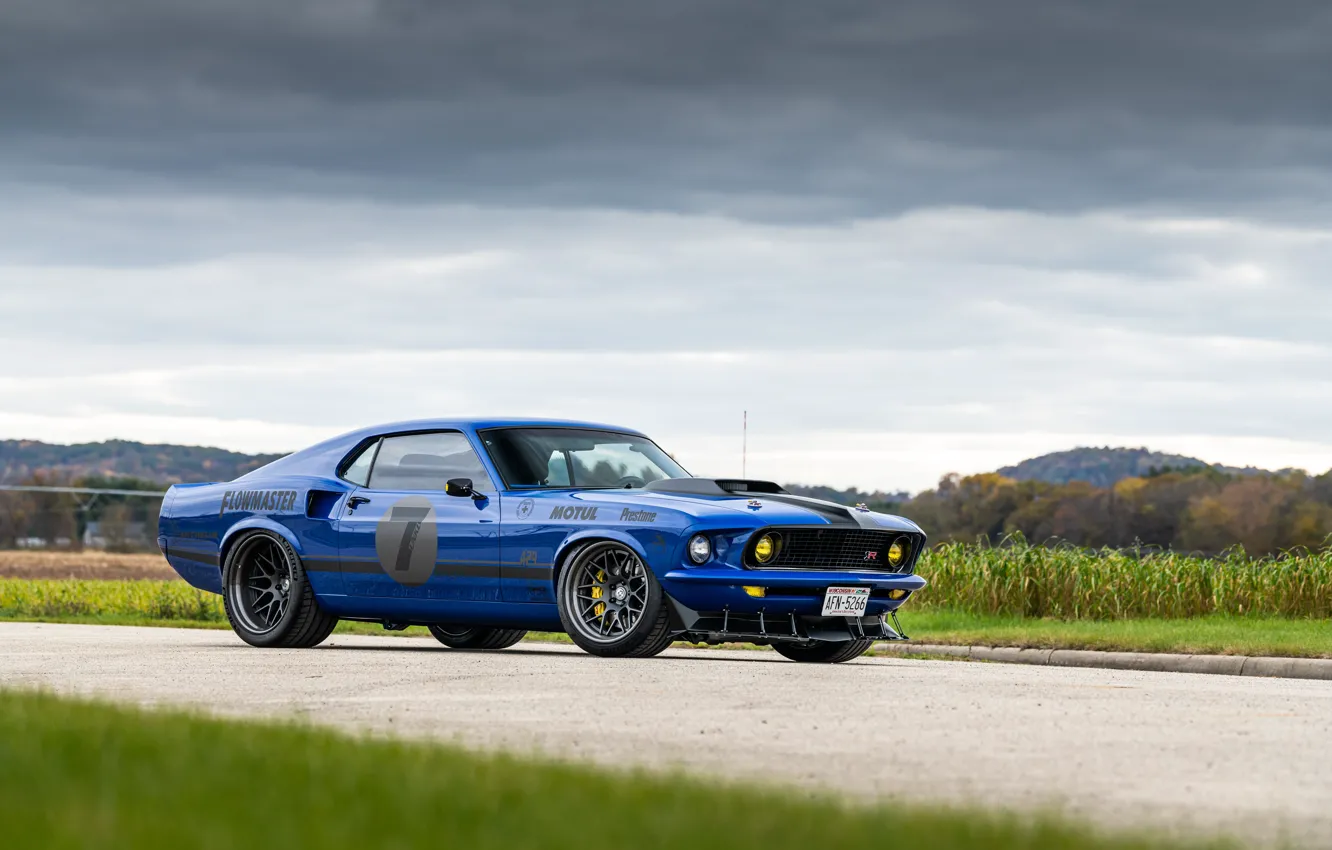 Photo wallpaper Ford, Road, Grass, Wheel, Clouds, 1969, Ford Mustang, Drives