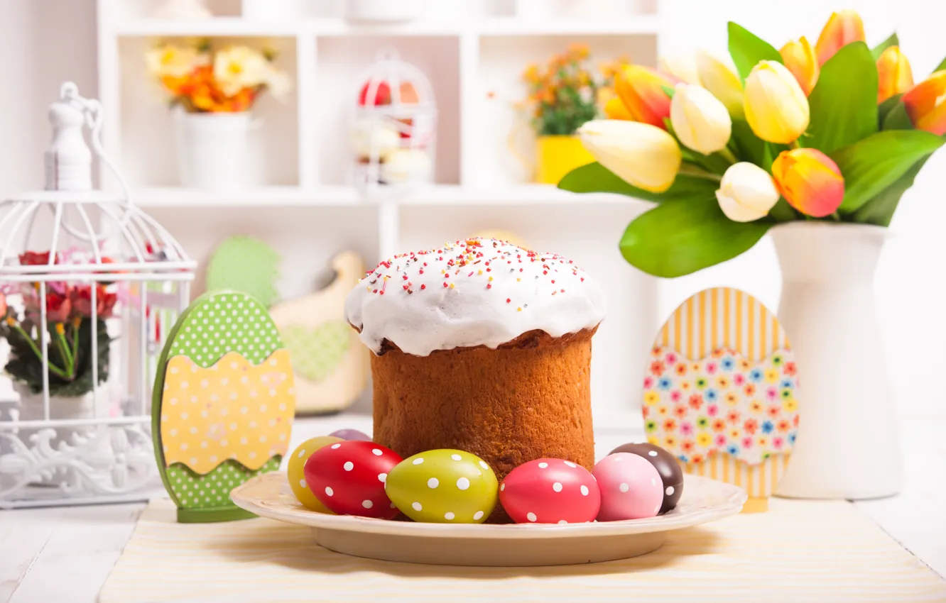 Photo wallpaper table, eggs, Easter, tulips, cake, cake, cakes, tulips
