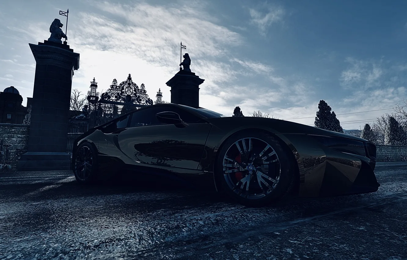 Photo wallpaper HDR, BMW, game, sky, winter, clouds, tree, castle