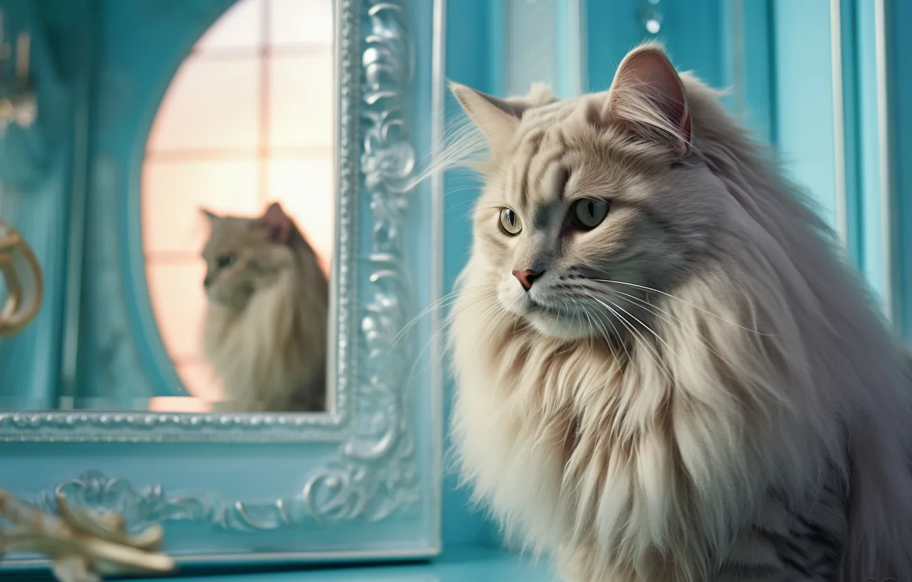 Photo wallpaper cat, white, cat, look, pose, reflection, mirror, face