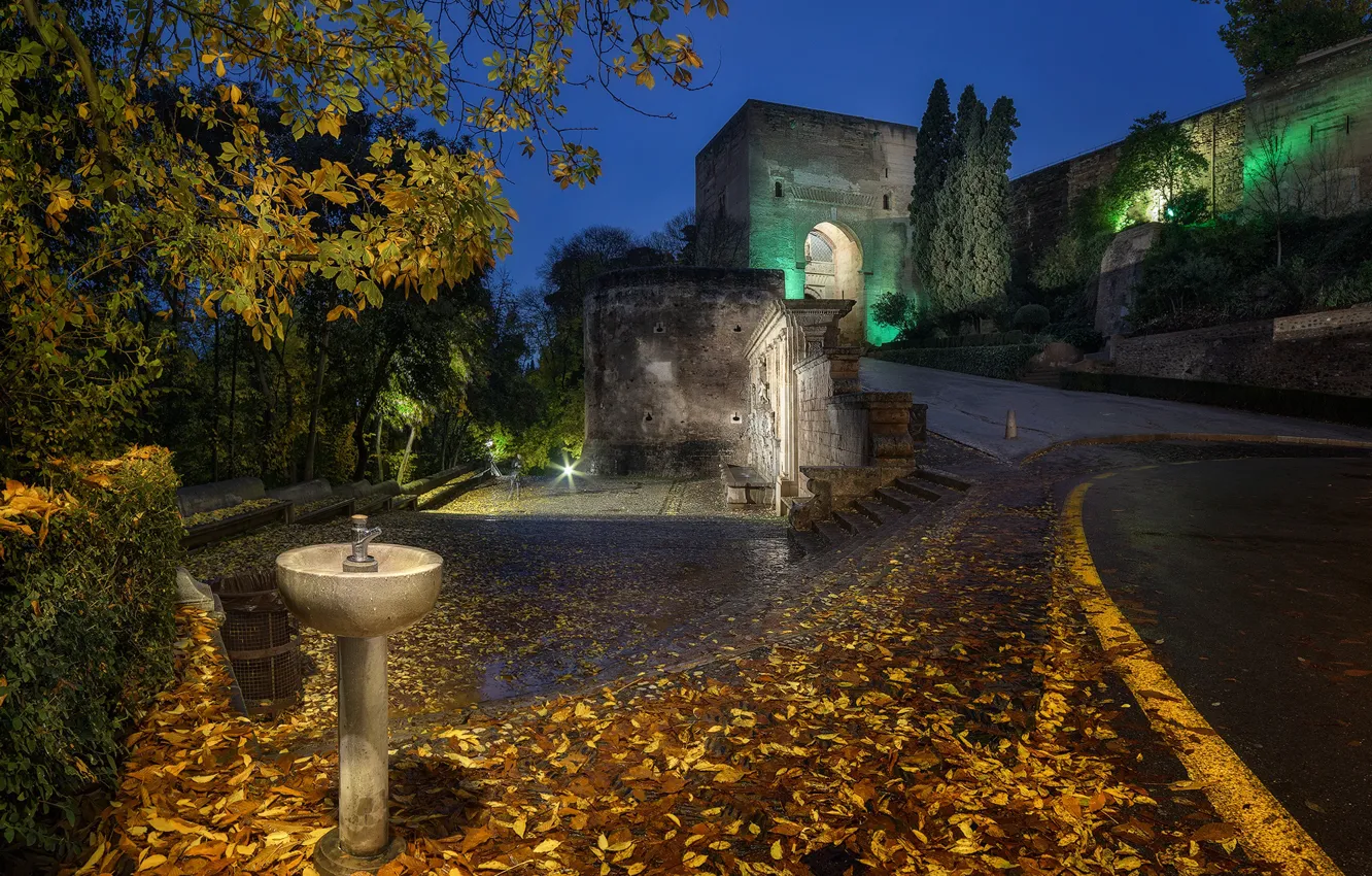 Photo wallpaper road, autumn, leaves, trees, night, lights, wall, arch