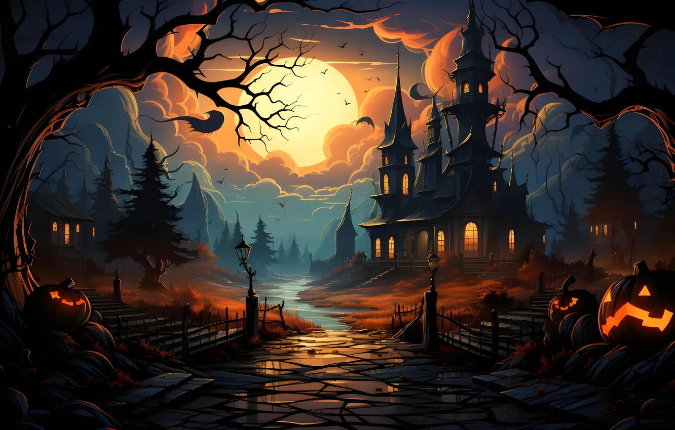 Photo wallpaper road, trees, night, clouds, lights, the moon, home, lights