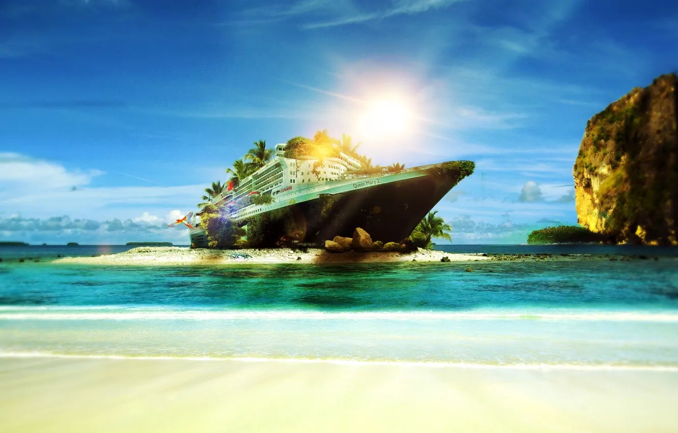 Photo wallpaper beach, tropics, the ocean, shore, Queen Mary 2, sunlight, cruise ship
