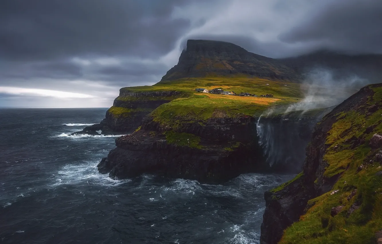Photo wallpaper sea, clouds, mountains, clouds, rocks, the wind, the village, Faroe Islands