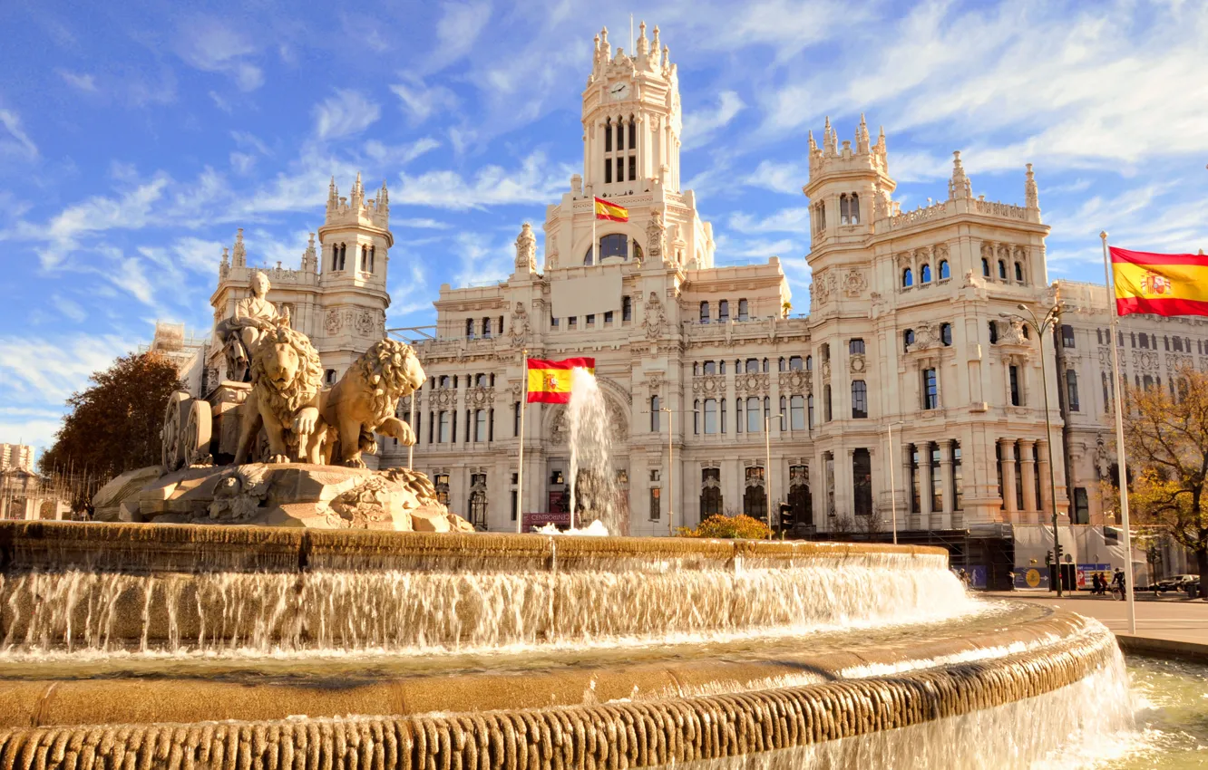 Photo wallpaper home, flag, fountain, Spain, Madrid