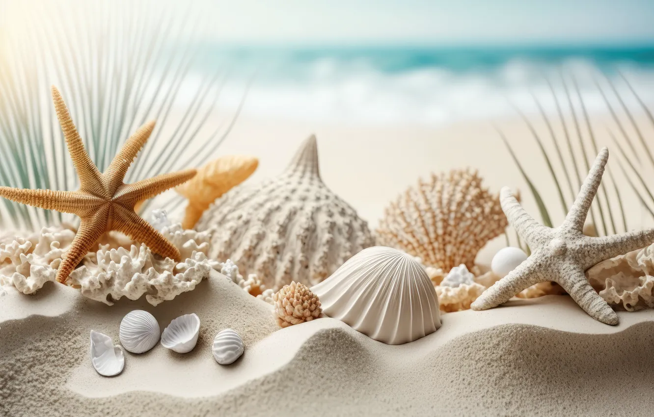 Photo wallpaper sea, beach, the ocean, shore, shell, starfish, seashells, seashell