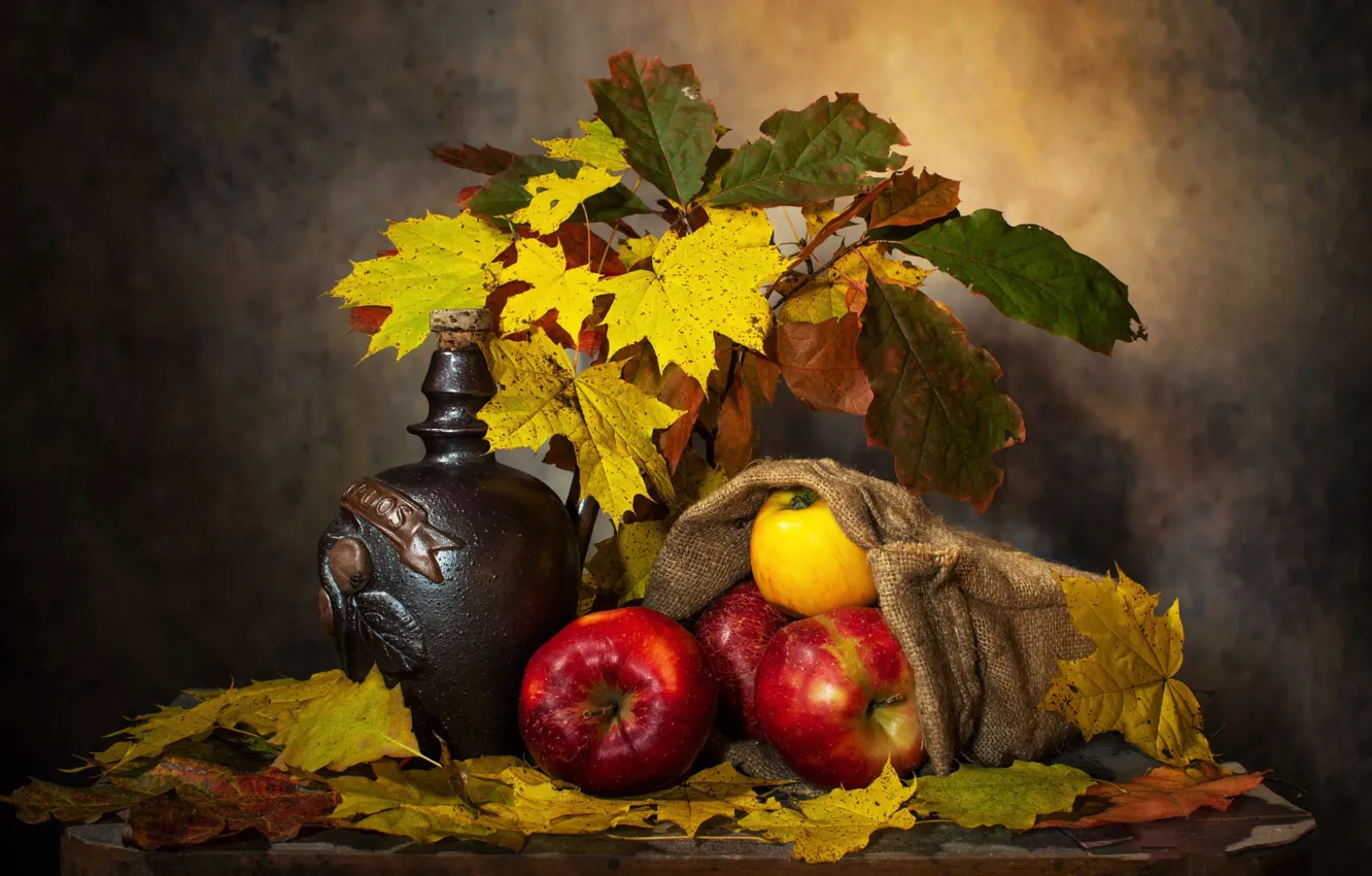 Photo wallpaper autumn, leaves, the dark background, table, wine, apples, bottle, bouquet
