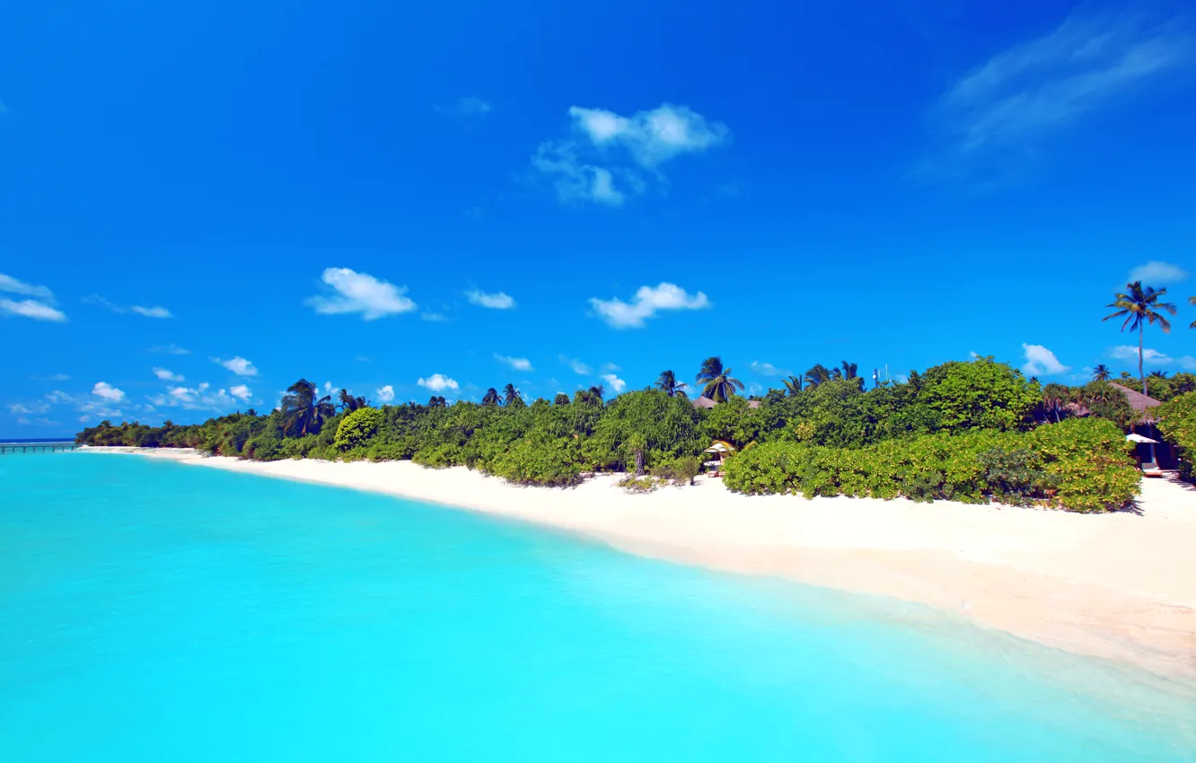 Photo wallpaper sand, sea, beach, the sky, Palma, The Maldives, Bungalow