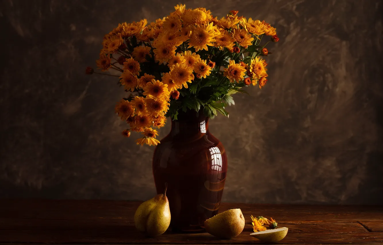 Photo wallpaper flowers, background, vase, fruit, still life, pear, Wallpaper from lolita777