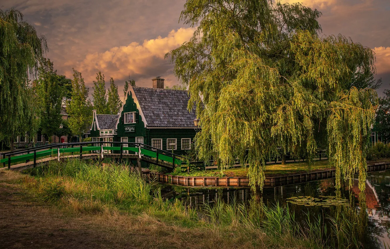Photo wallpaper home, shore, channel, house, clouds, the bridge, nature, branch