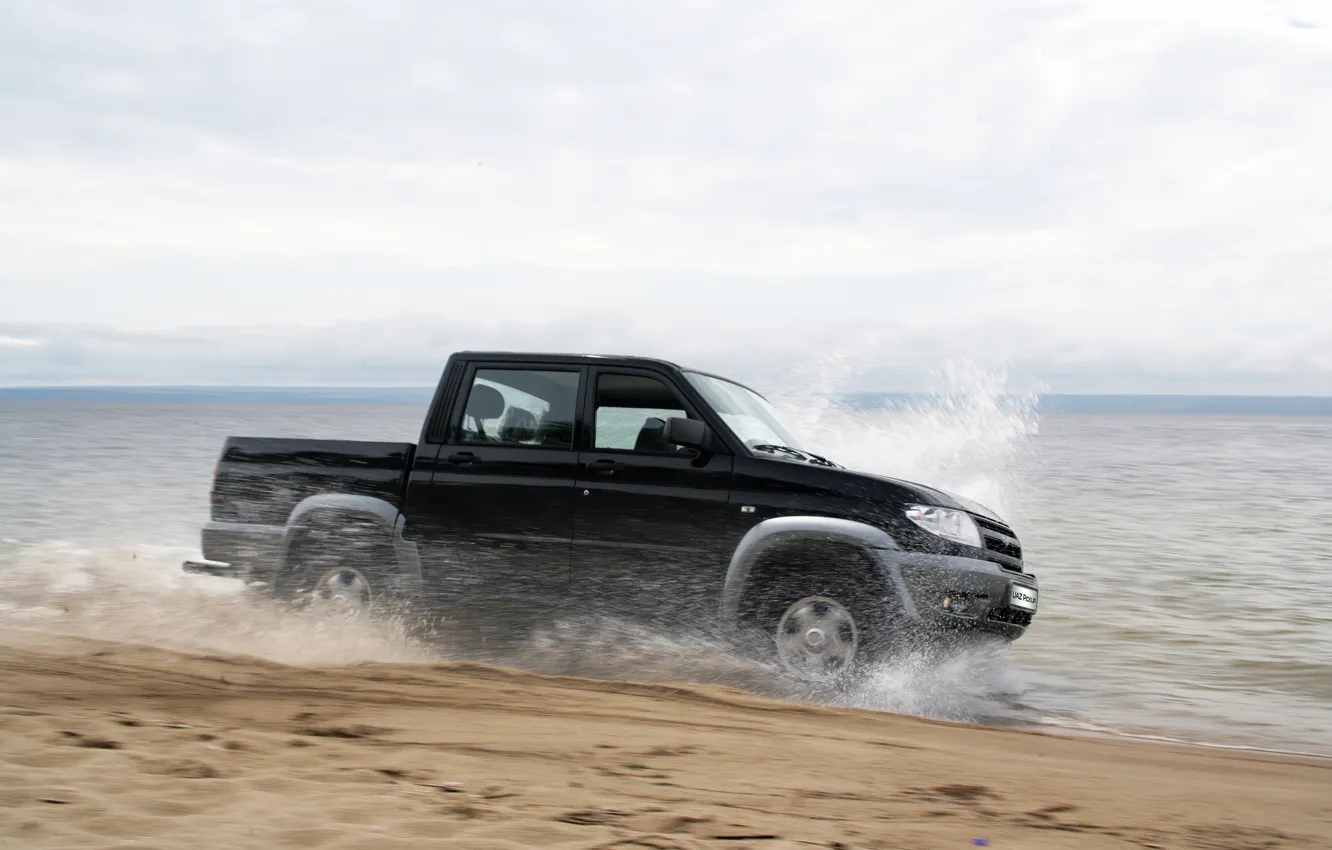 Photo wallpaper sand, squirt, background, shore, SUV, the roads, car, 4x4