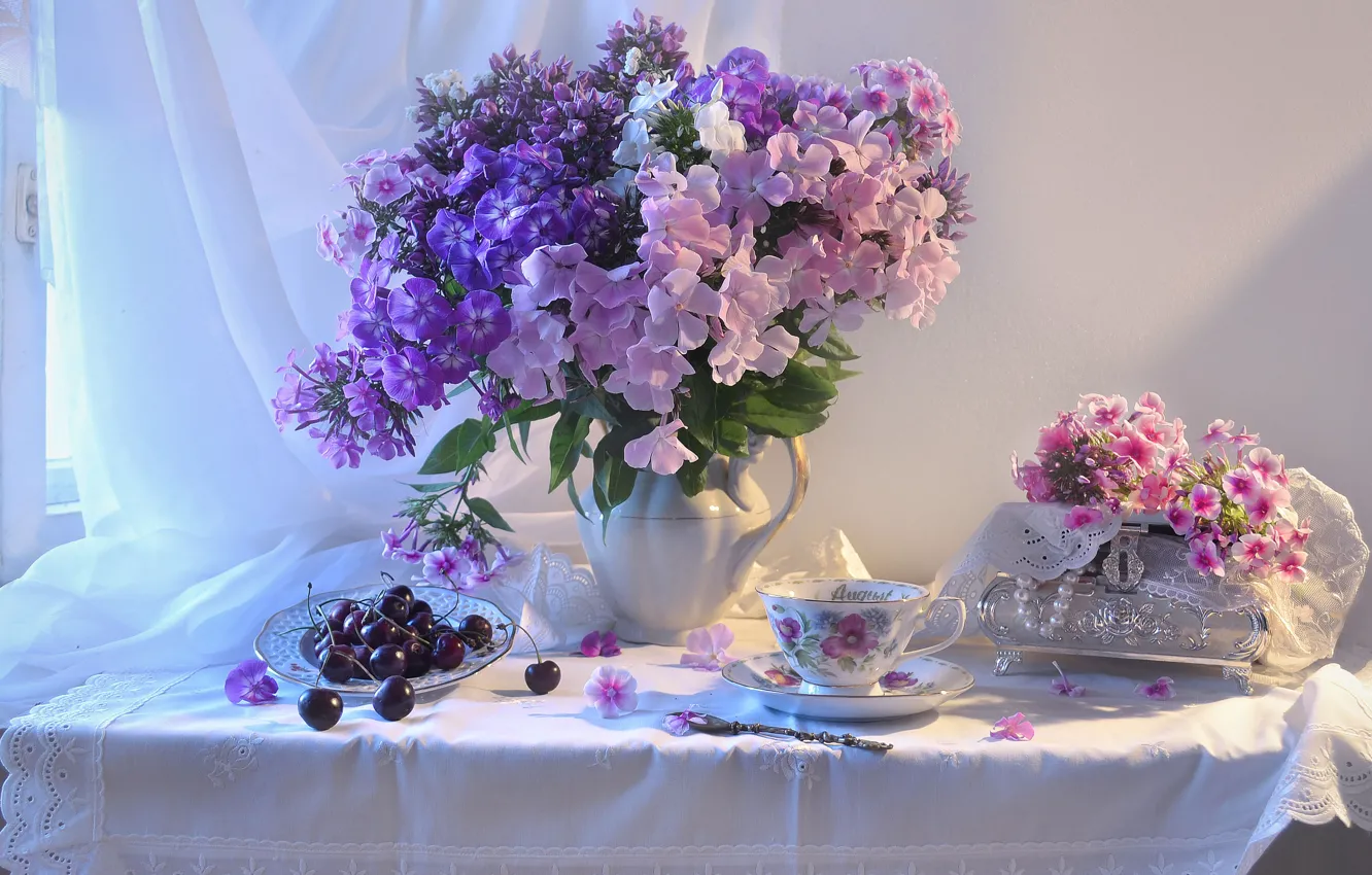 Photo wallpaper flowers, berries, table, plate, Cup, pitcher, still life, curtain