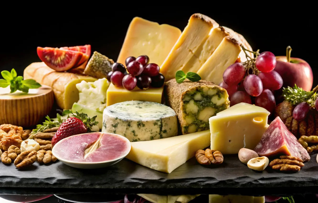 Photo wallpaper fruit, nuts, grapes, variety, cheeses, platter, slate