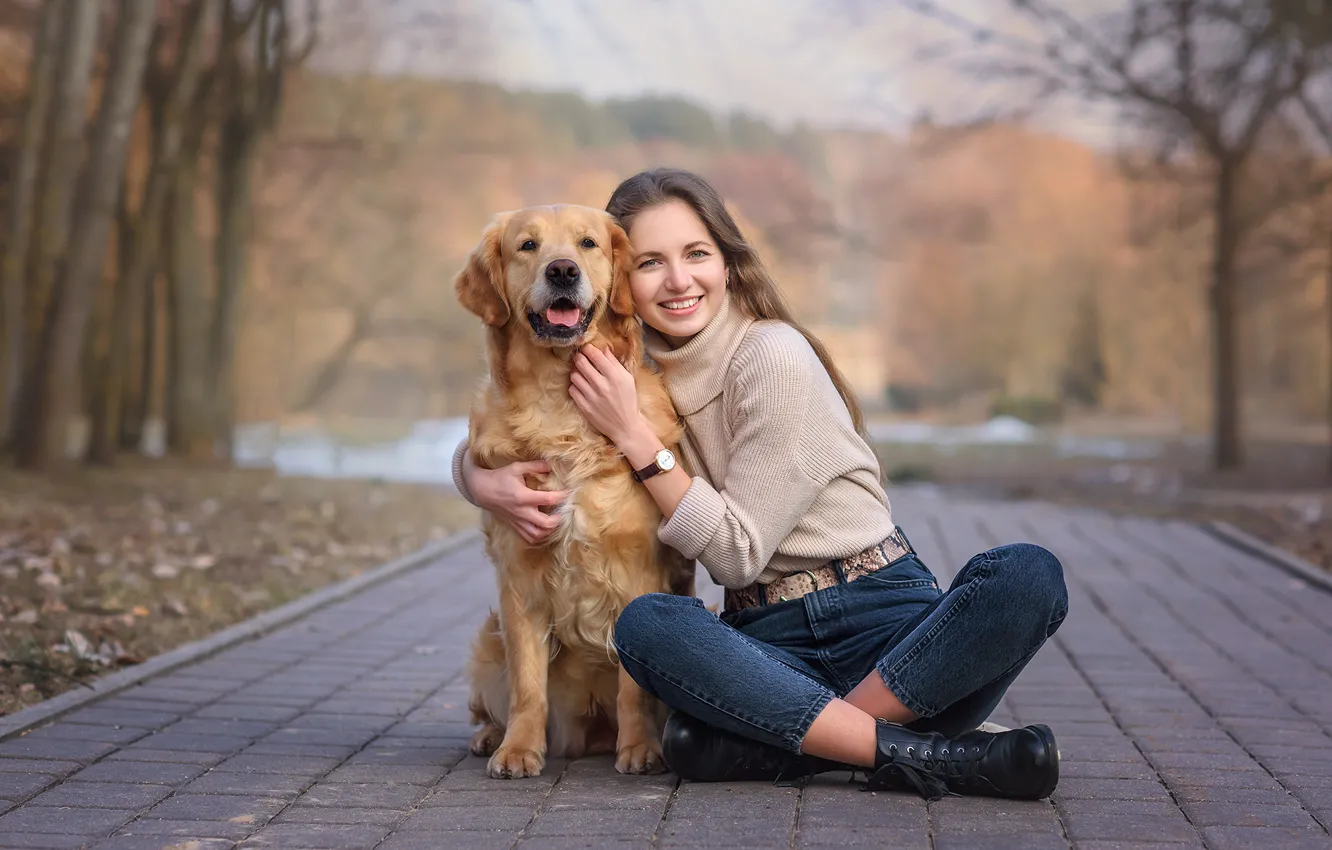 Photo wallpaper girl, smile, Park, animal, dog, hugs, brown hair, dog